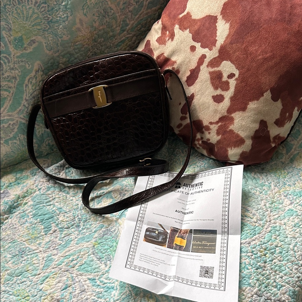 Salvatore Ferragamo Croc Embossed leather  Dark Brown Crossbody Bag with COA